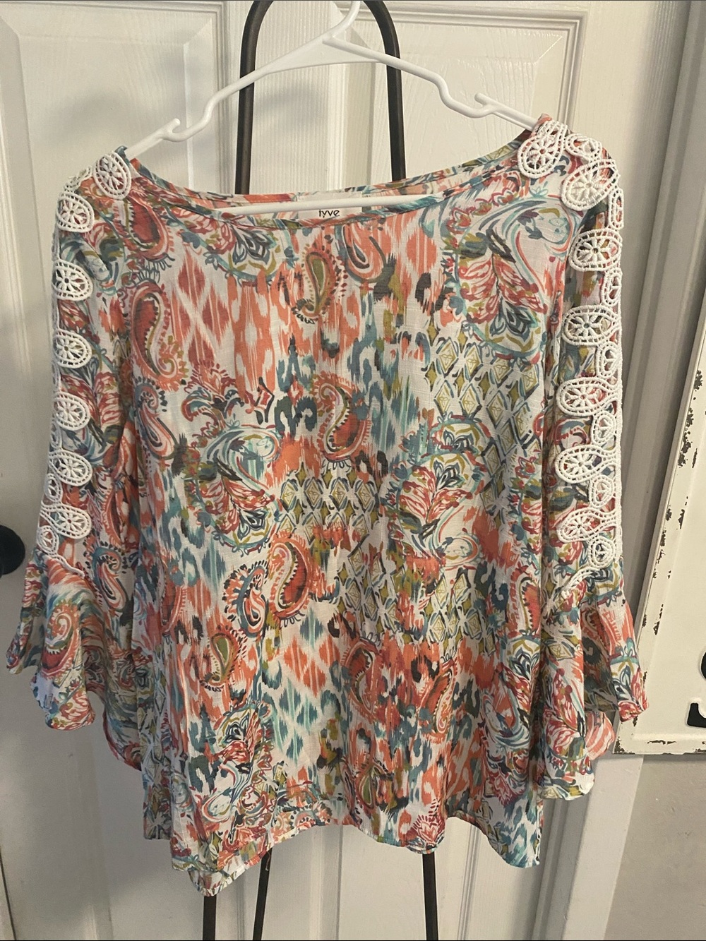 Fyve Coral Multi-Color Paisley Crochet-Sleeve Women’s Top size S